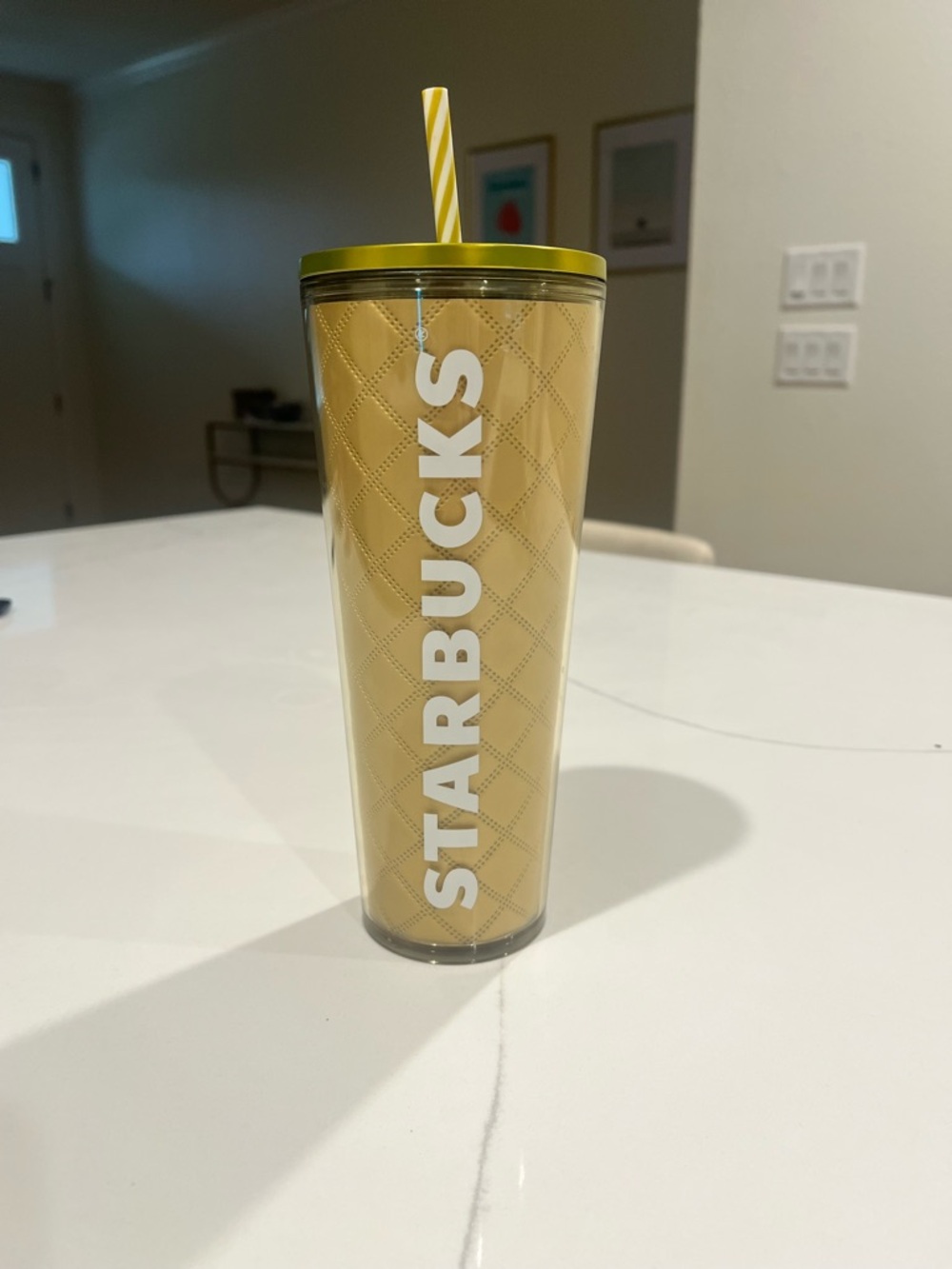 Starbucks Yellow Quilted Acrylic Tumbler with Green Lid and Striped Straw